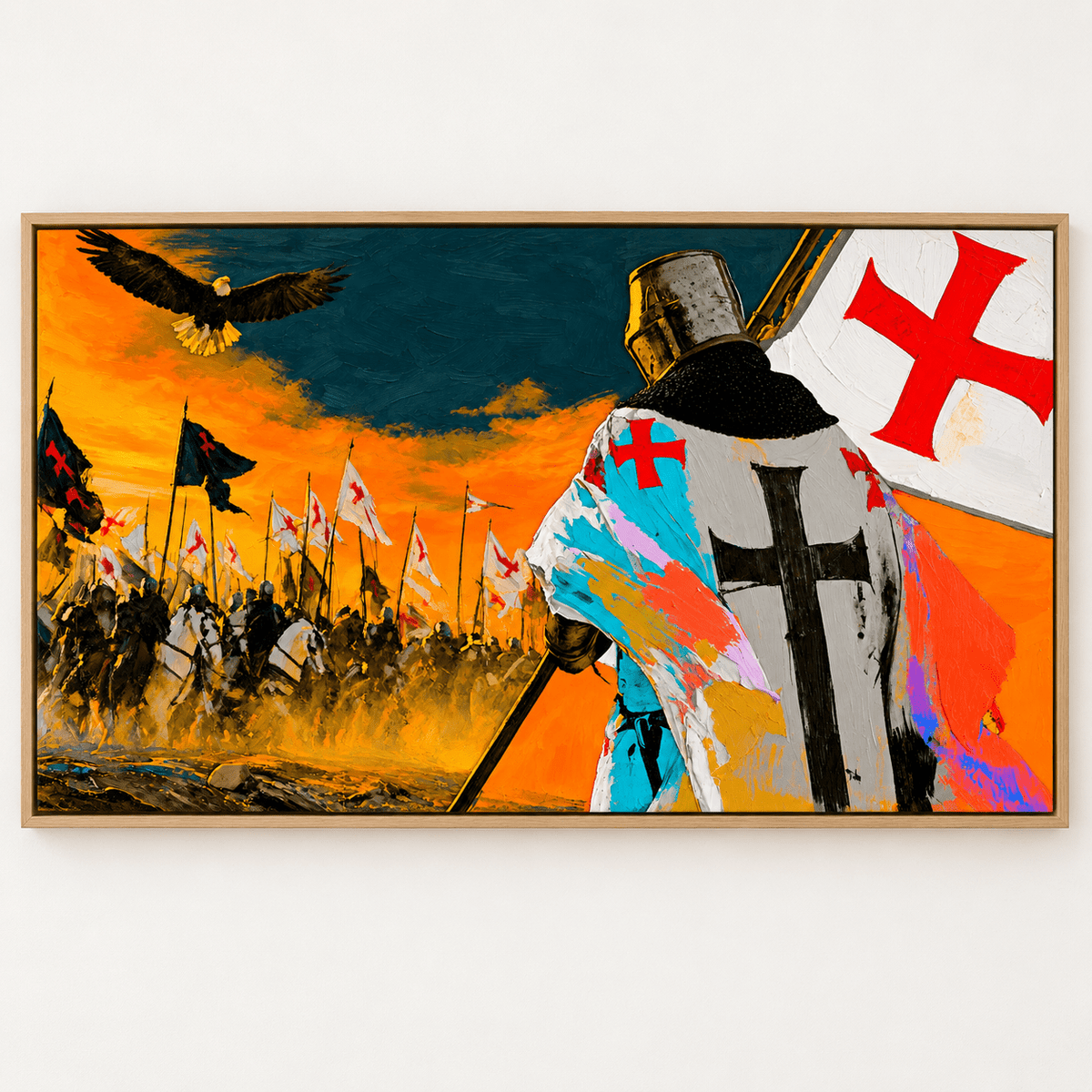 Knight Painting – Crimson Vigil in an oak-tone floater frame by Rossetti Art