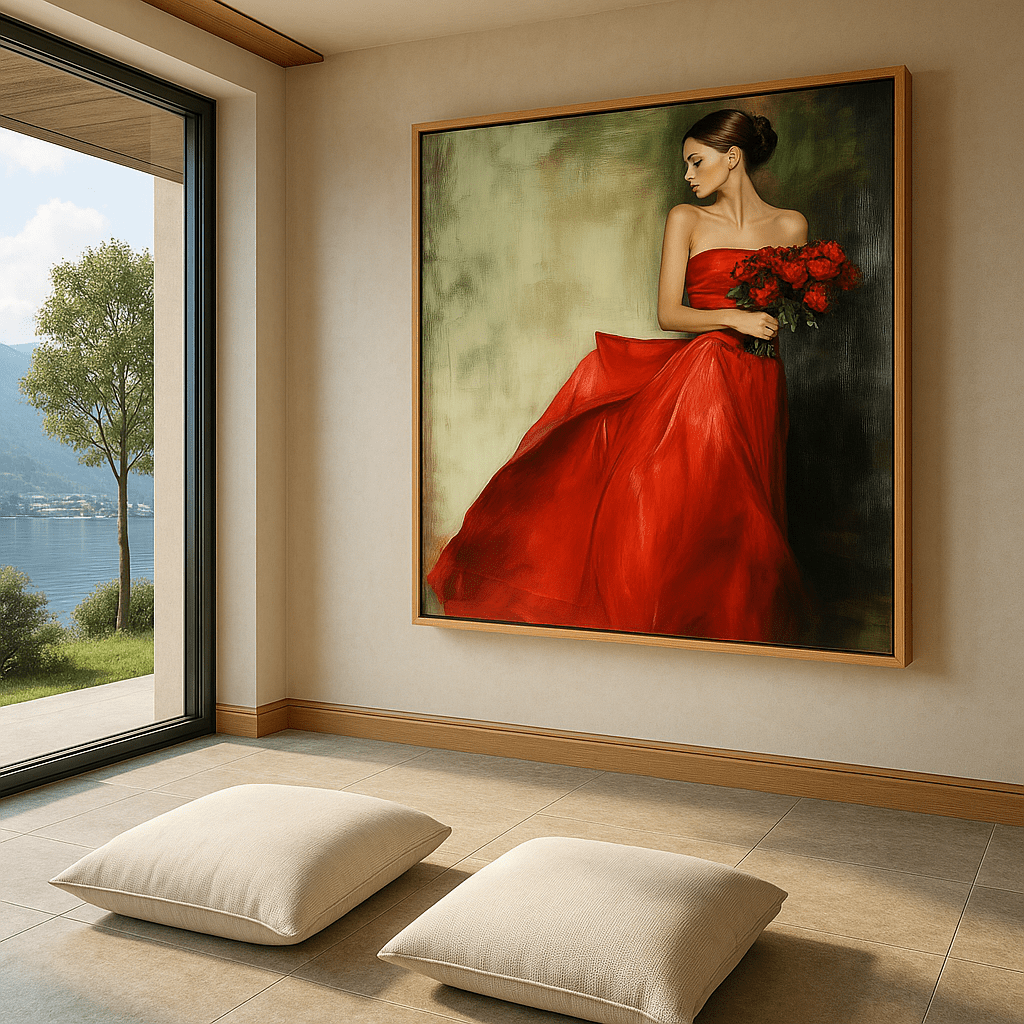 Original Painting : Lady in Red - Lady in Red Painting with Roses | Framed Art modern abstract canvas wall art by Rossetti Art – luxury interior design artwork for living room, bedroom, office – bold red dress art fine art for living room framed canvas wall art