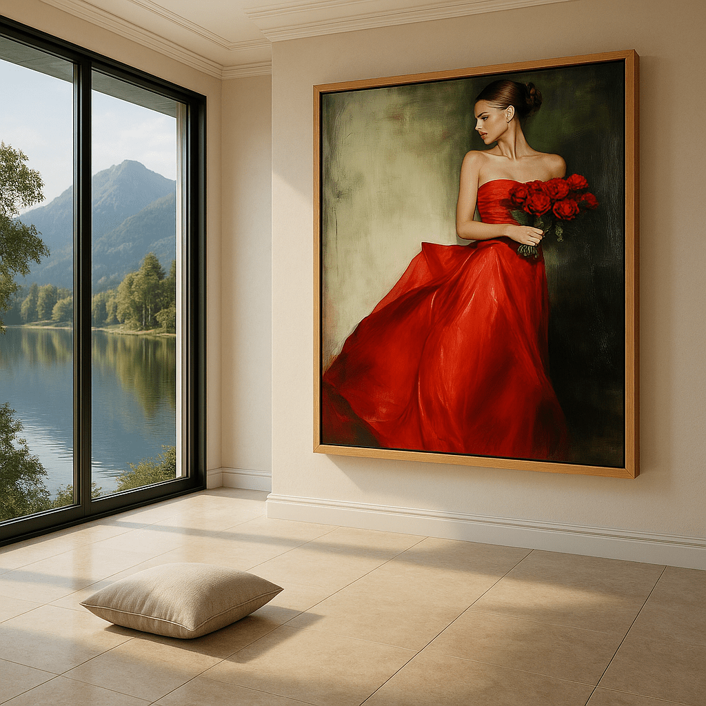 Original Painting : Lady in Red - Lady in Red Painting with Roses | Framed Art modern abstract canvas wall art by Rossetti Art – luxury interior design artwork for living room, bedroom, office – bold red dress art fine art for living room framed canvas wall art