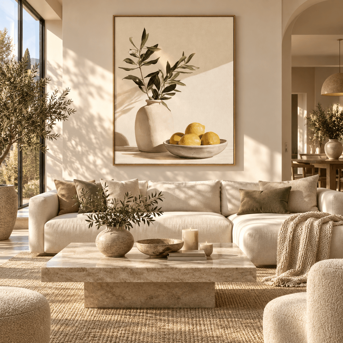 Lemon wall art above a cream sofa in a Mediterranean living room – Citrus Morning by Rossetti Art