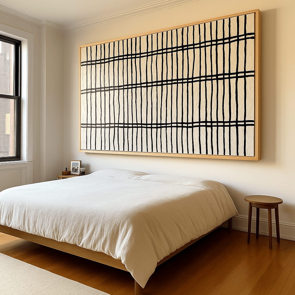 Original Painting : Lines of Thought – Modern Minimalist Wall Art | Original Black & White Grid Painting modern abstract canvas wall art by Rossetti Art – luxury interior design artwork for living room, bedroom, office – African american art African wall art blues musician painting