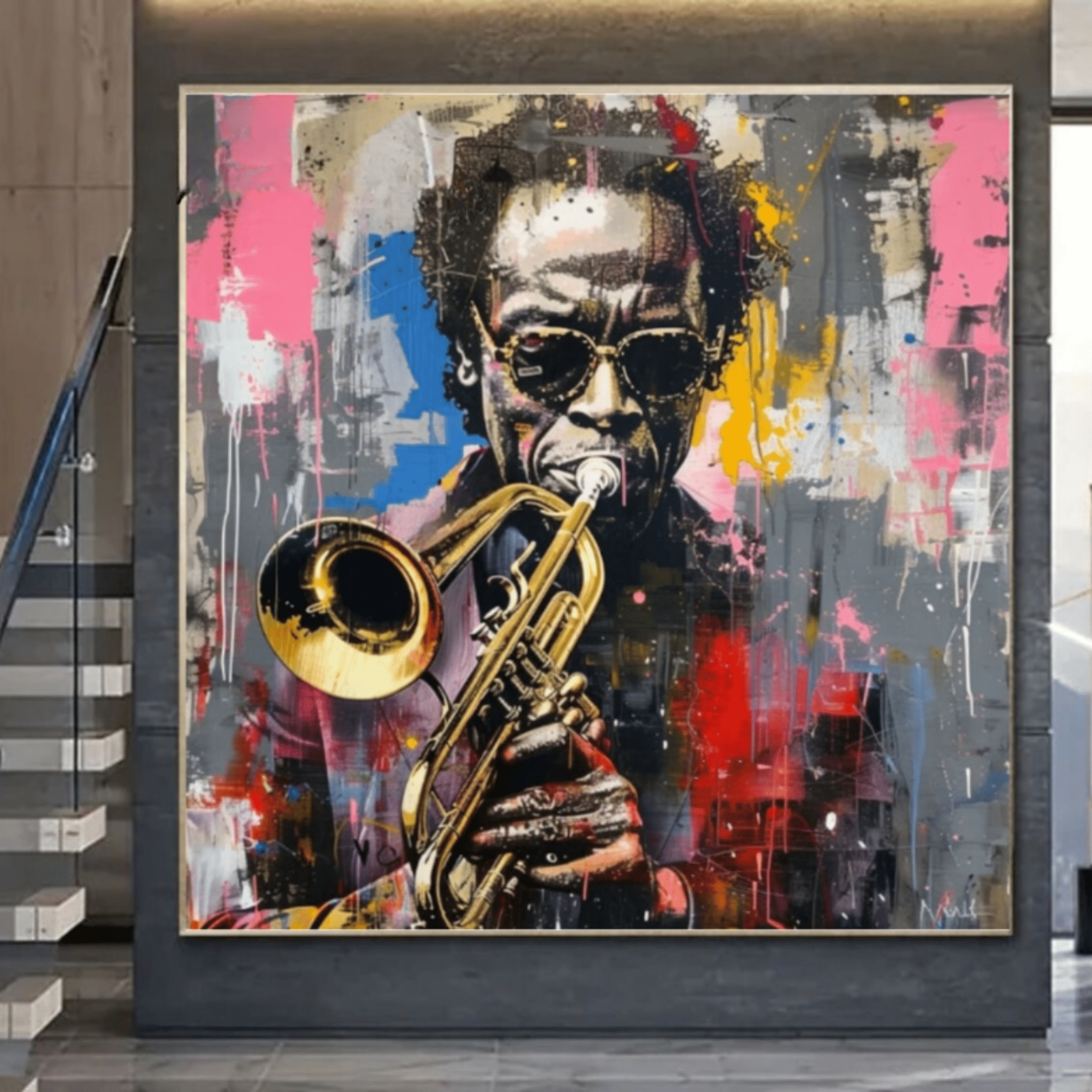Original Painting : Miles Davis Painting – Bold Jazz - Inspired Street Art modern abstract canvas wall art by Rossetti Art – luxury interior design artwork for living room, bedroom, office – Celebrity Inspired Art Hand - painted music artwork Handmade Art Canvas