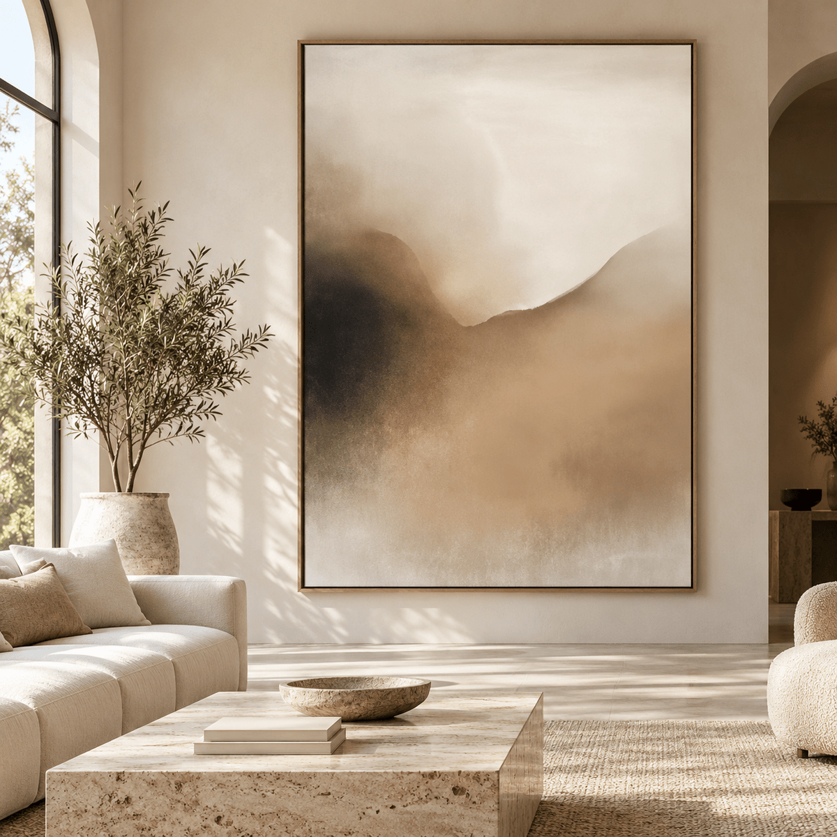 Misty Landscape Painting Original – Veiled Ridge by Rossetti Art, vertical sepia and beige abstract painting with a soft ridge line