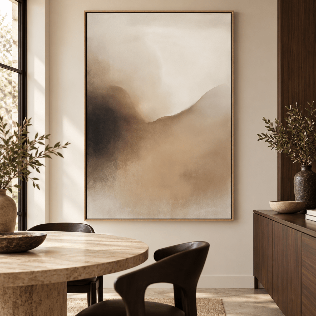 Misty Landscape Painting Original – Veiled Ridge by Rossetti Art, framed taupe abstract in a dining room