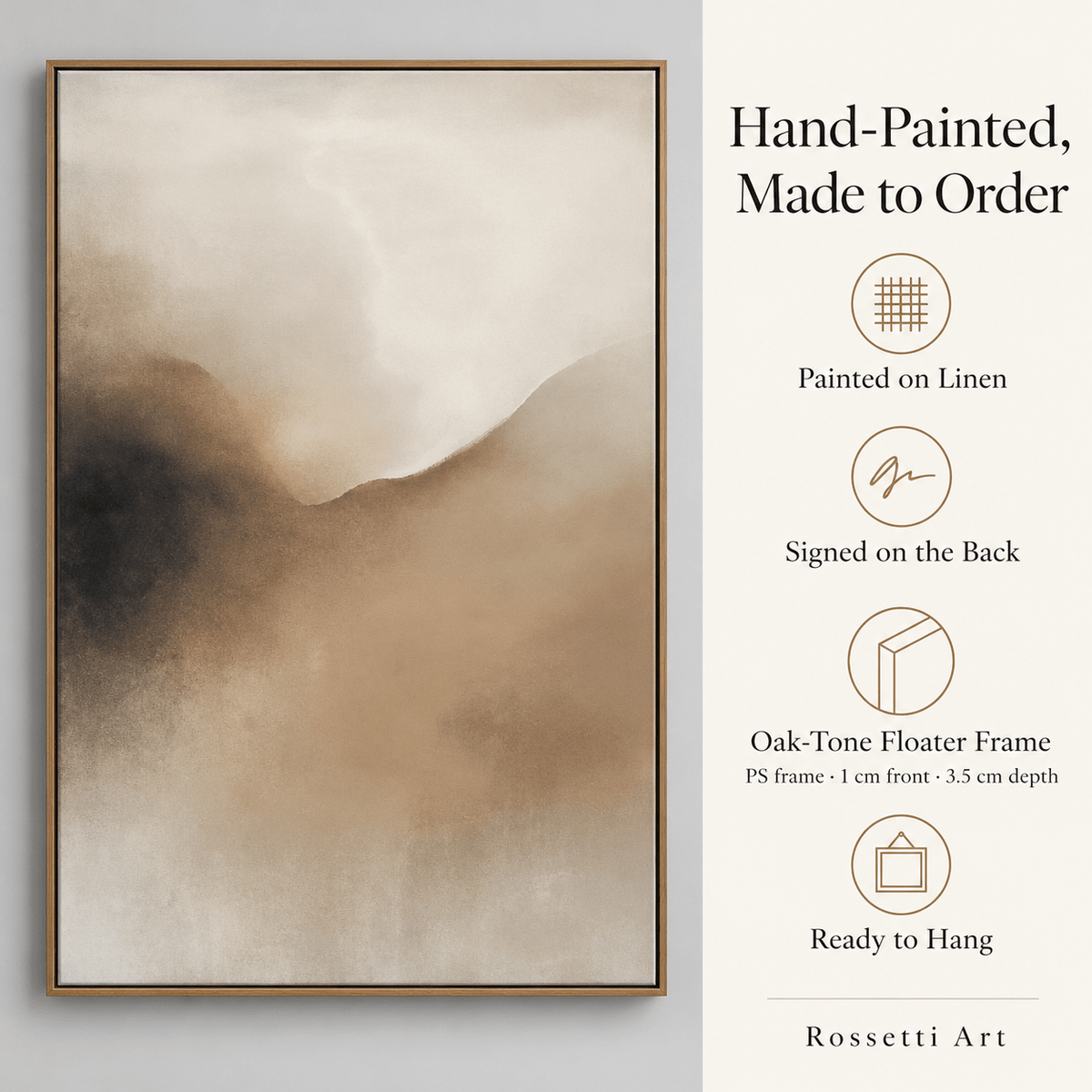 Misty Landscape Painting Original – Veiled Ridge by Rossetti Art, framed original painting in a neutral living space