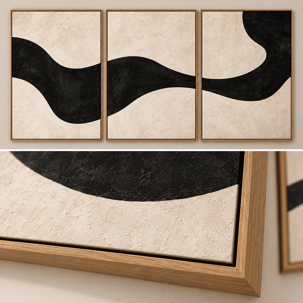 Ebony Current modern organic wall art triptych with a close-up of the black curve and textured cream surface