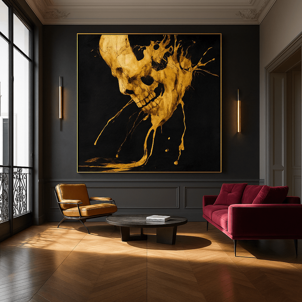 Original Painting : Molten Mortality – Gold Skull Abstract Canvas Art modern abstract canvas wall art by Rossetti Art – luxury interior design artwork for living room, bedroom, office – 3D abstract wall painting black and gold canvas print framed canvas wall art