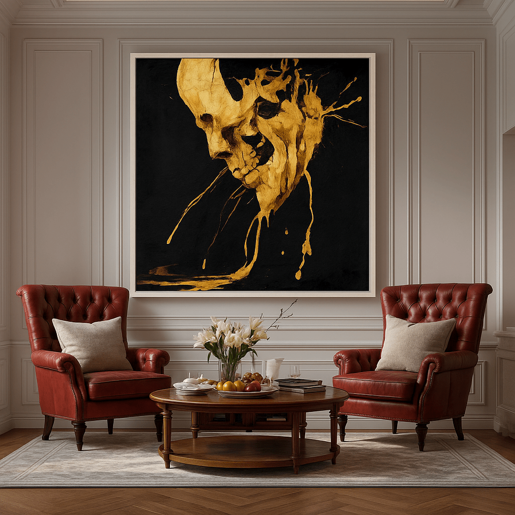 Original Painting : Molten Mortality – Gold Skull Abstract Canvas Art modern abstract canvas wall art by Rossetti Art – luxury interior design artwork for living room, bedroom, office – 3D abstract wall painting black and gold canvas print framed canvas wall art