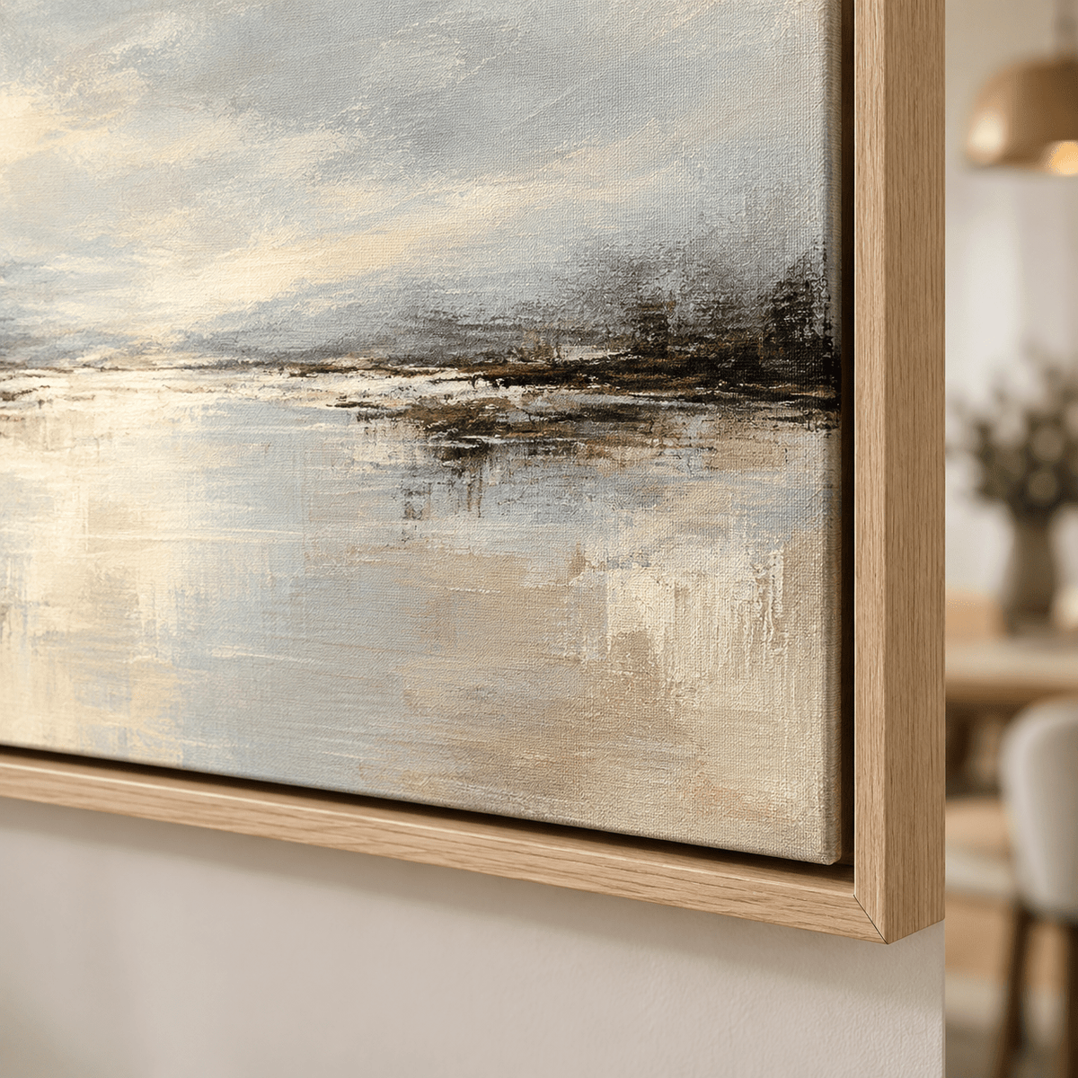 Moody Landscape Painting Original – Silver Tide by Rossetti Art, close-up of the layered grey sky and gold reflection