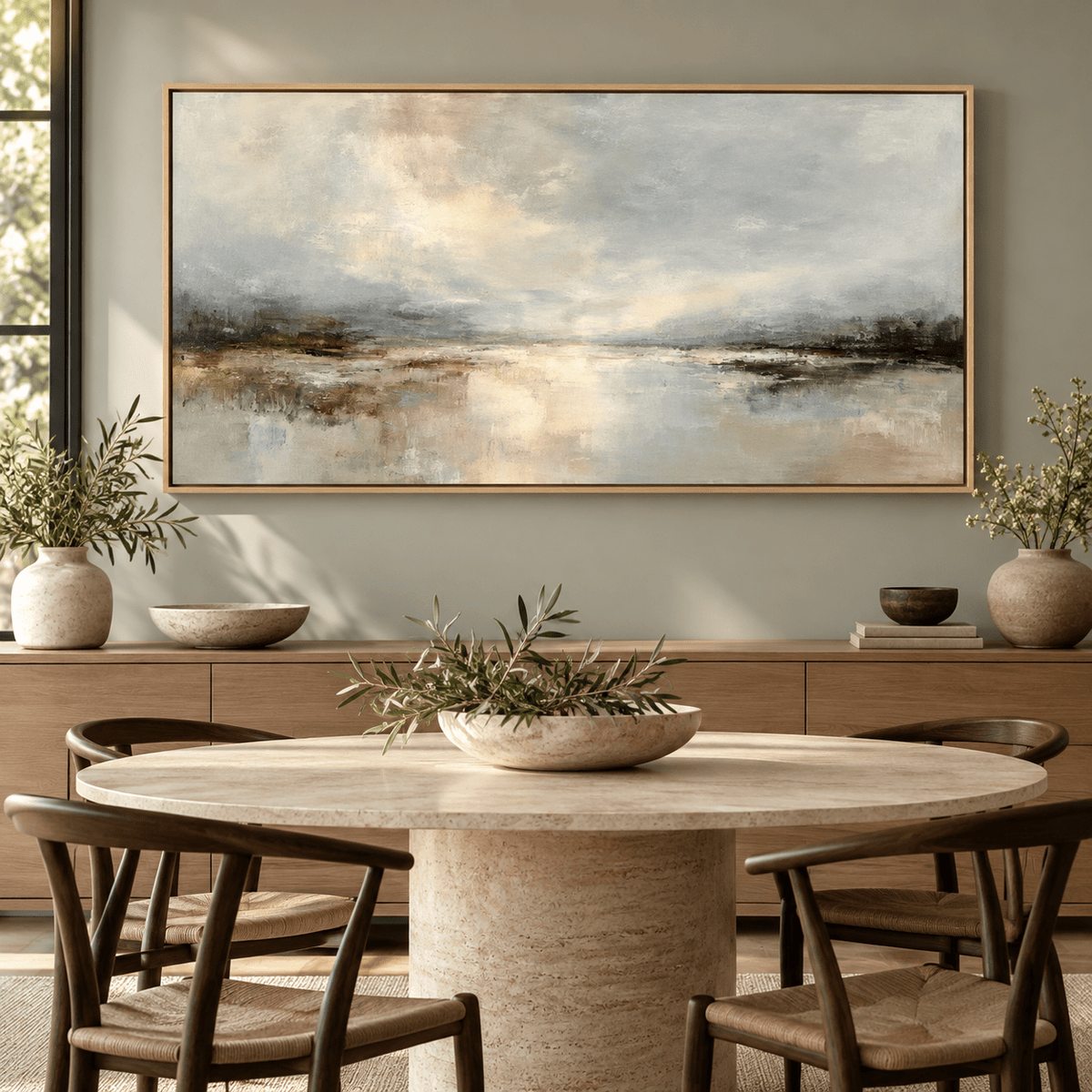 Moody Landscape Painting Original – Silver Tide by Rossetti Art, framed wide landscape painting in a styled room
