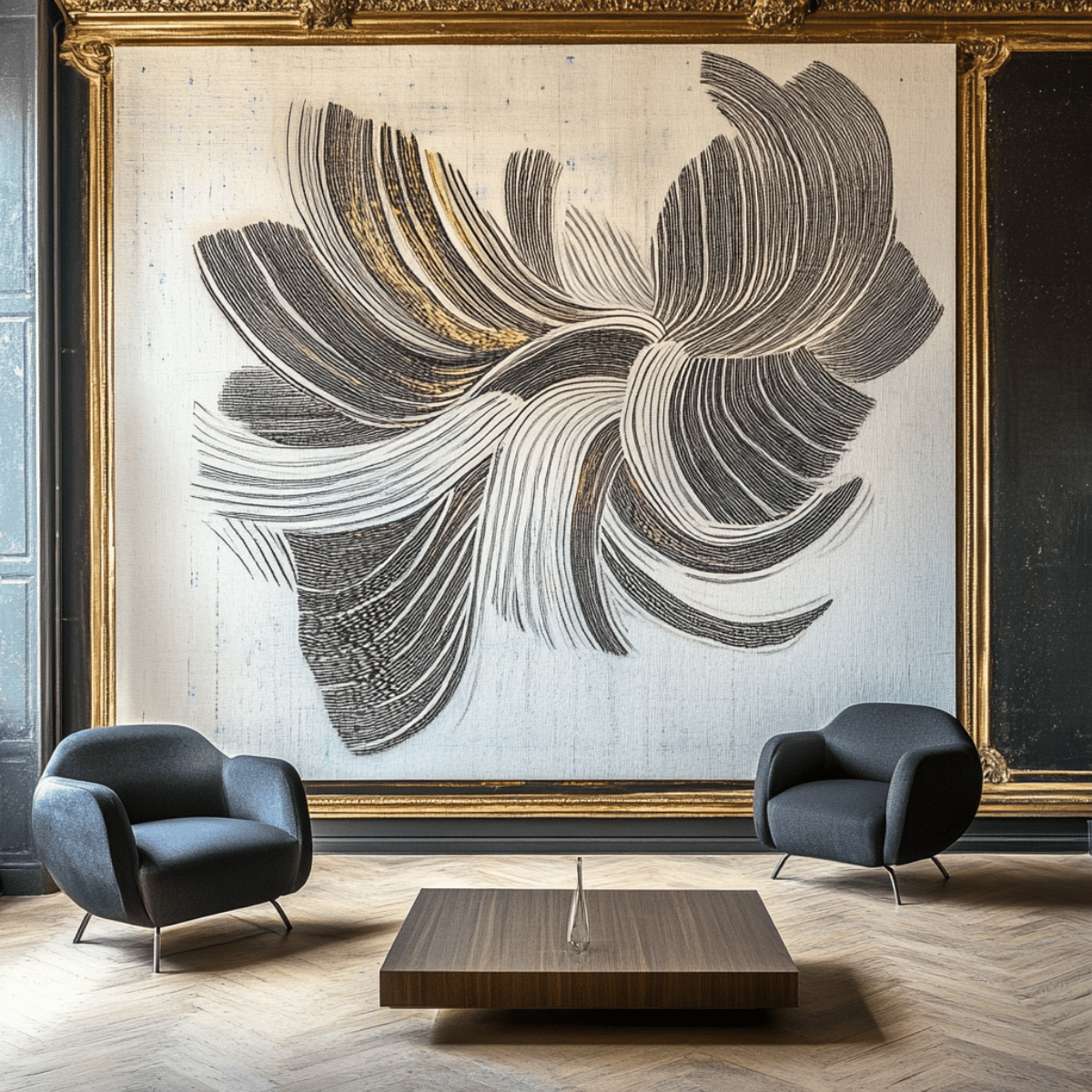 Original Painting : Motion in Stillness – Black and Taupe Canvas modern abstract canvas wall art by Rossetti Art – luxury interior design artwork for living room, bedroom, office – Black Taupe Canvas Contemporary Flow Painting Interior Design Artwork