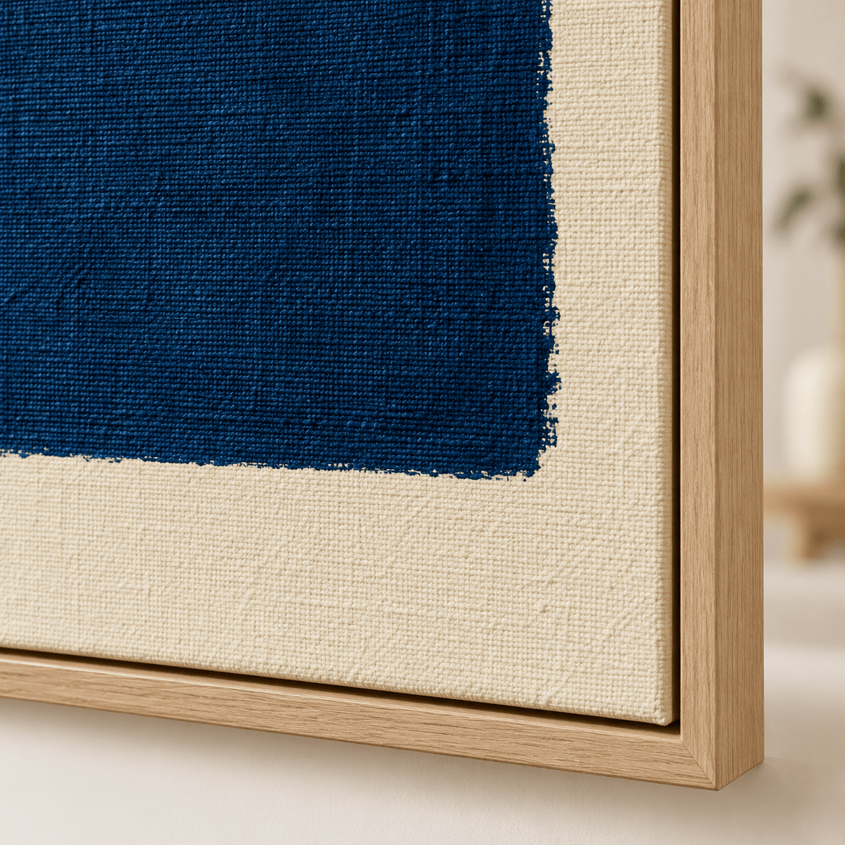 Corner detail of the Indigo Frame navy blue painting showing the linen texture – Rossetti Art