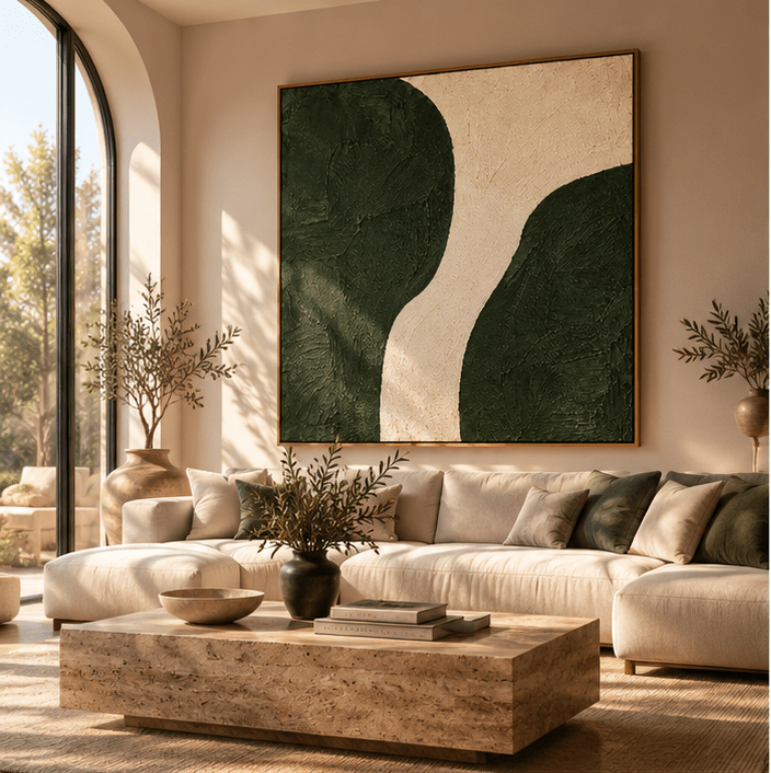 Olive Green Abstract Painting – Olive Divide by Rossetti Art – living room styling