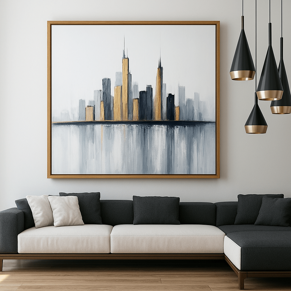 Painting Cityscapes in Acrylic Original Painting : Gilded Skyline Silence
