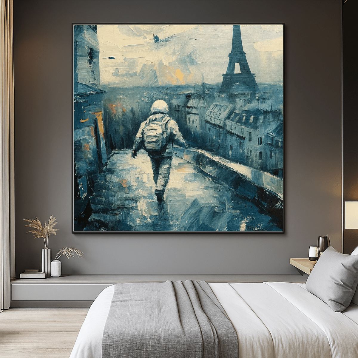 Original Painting : Parisian Astronaut – Original Painting by Chiara Rossetti | Surreal Paris Wall Art in Blue Tones modern abstract canvas wall art by Rossetti Art – luxury interior design artwork for living room, bedroom, office – abstract woman art emotional artwork Interior Design Artwork