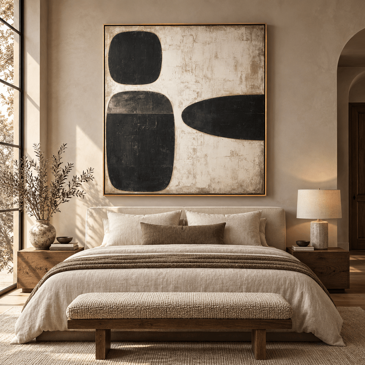 Pebble wall art above a bed in a warm neutral bedroom – Three Stones by Rossetti Art