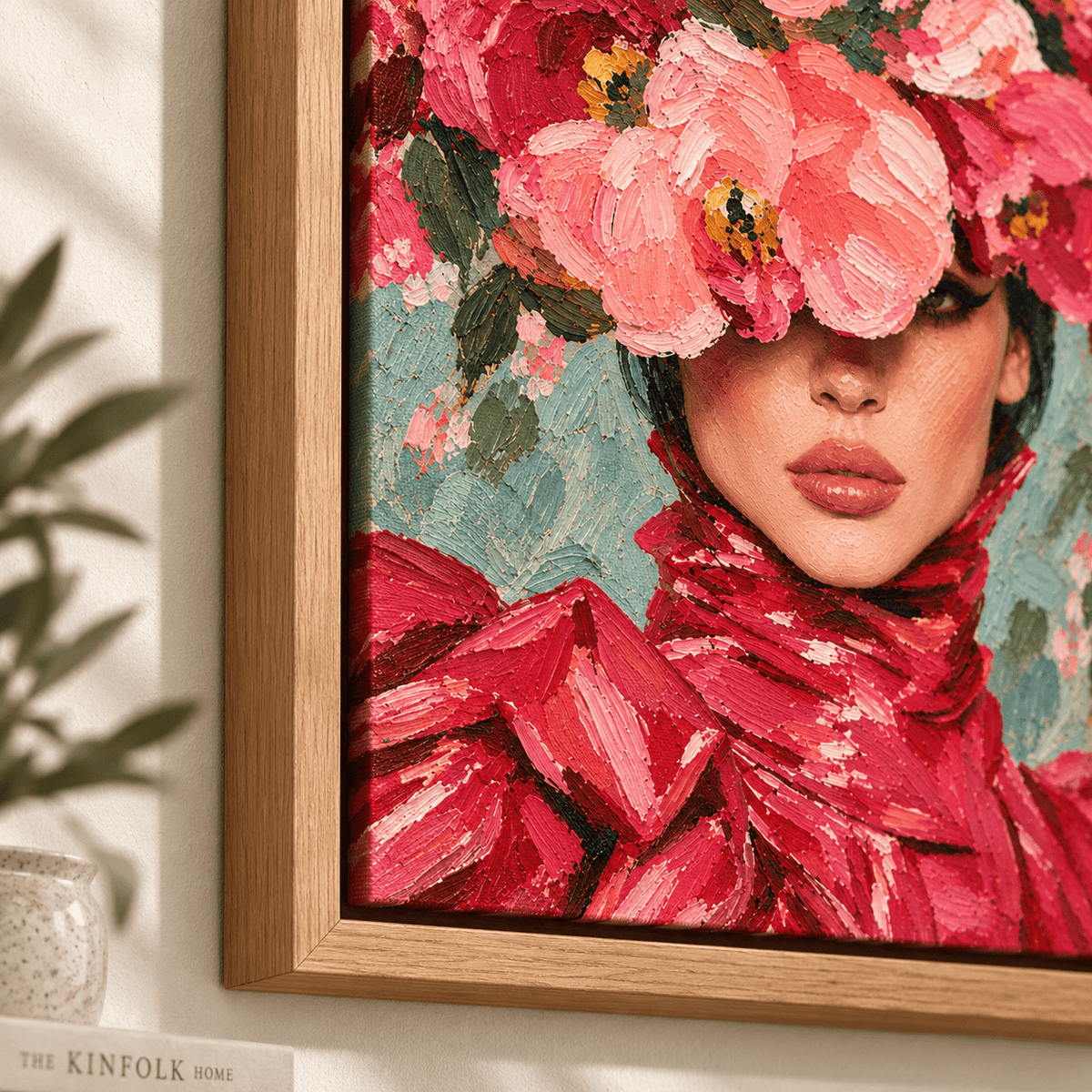 Peony wall art original painting – close-up of the palette-knife impasto oil texture by Rossetti Art