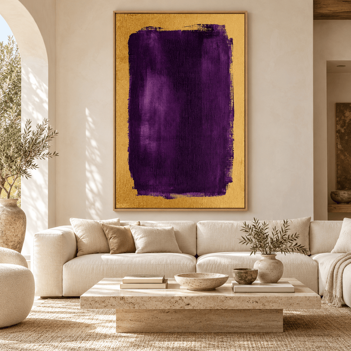 Purple and gold painting Violet Reserve above a linen sofa in a living room – Rossetti Art