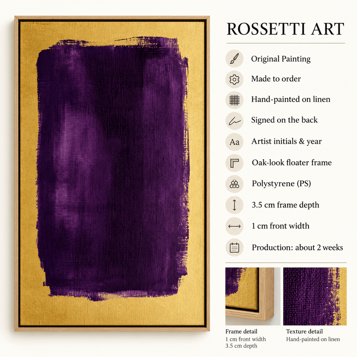 Violet Reserve original painting hand-painted on linen, floater frame details – Rossetti Art