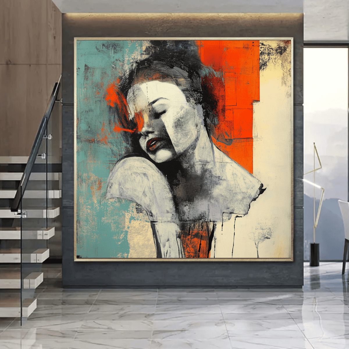 Original Painting : "Reflections in Color" modern abstract canvas wall art by Rossetti Art – luxury interior design artwork for living room, bedroom, office – abstract portrait painting artistic flower crown blue and red portrait art