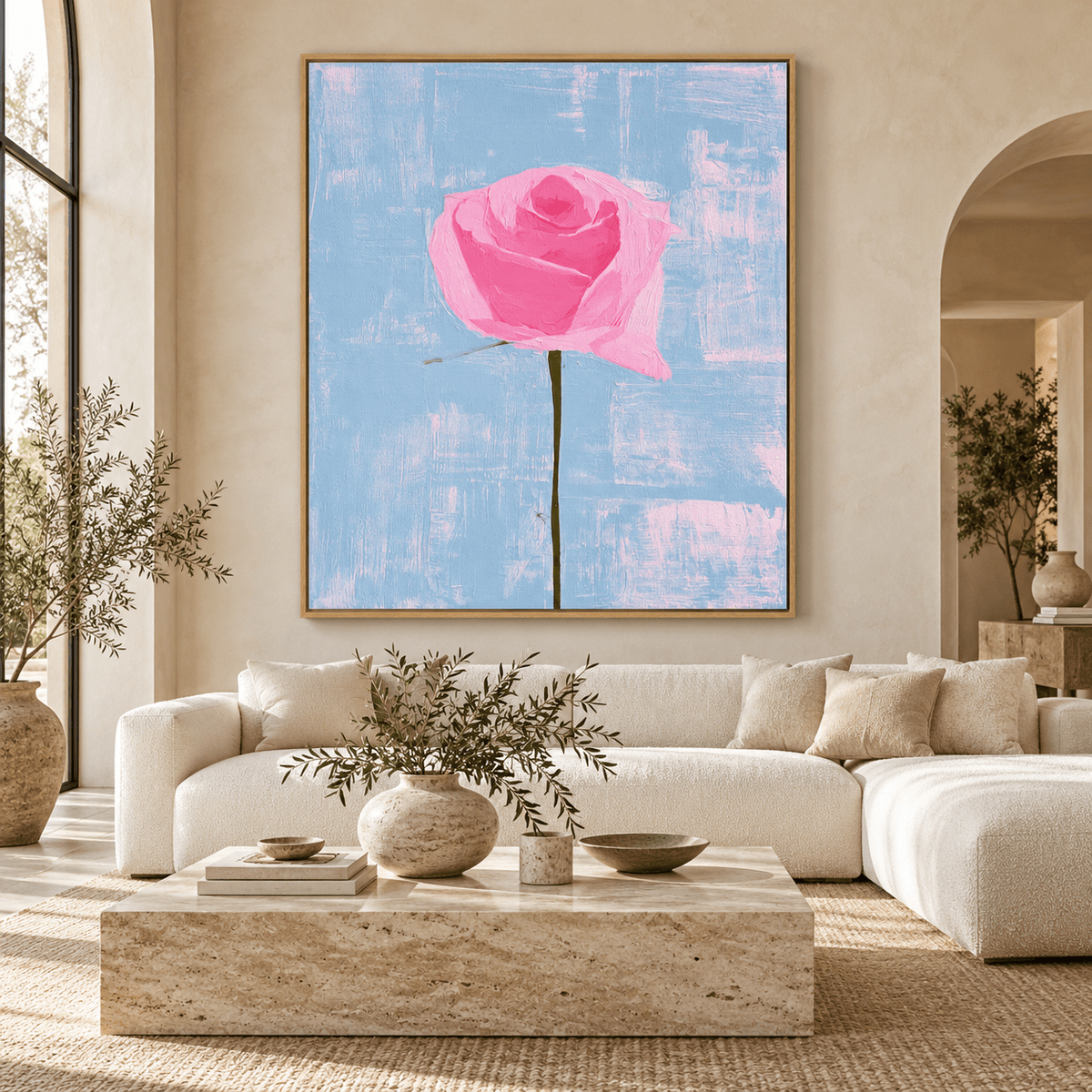 Rose painting Sky Rose above a cream sofa in a living room – Rossetti Art