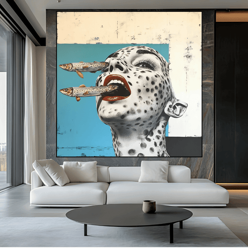 Original Painting : Sirens & Scales – Pop Art Portrait Painting modern abstract canvas wall art by Rossetti Art – luxury interior design artwork for living room, bedroom, office – Edgy Home Decor Fish Art Print Interior Design Artwork