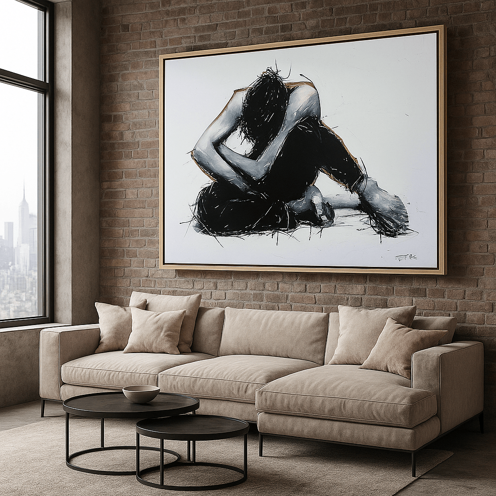 Original Painting : Solitude Within – Modern Figurative Original Painting in Black and White Minimalism modern abstract canvas wall art by Rossetti Art – luxury interior design artwork for living room, bedroom, office – handmade wall art minimalist modern artwork modern art on canvas
