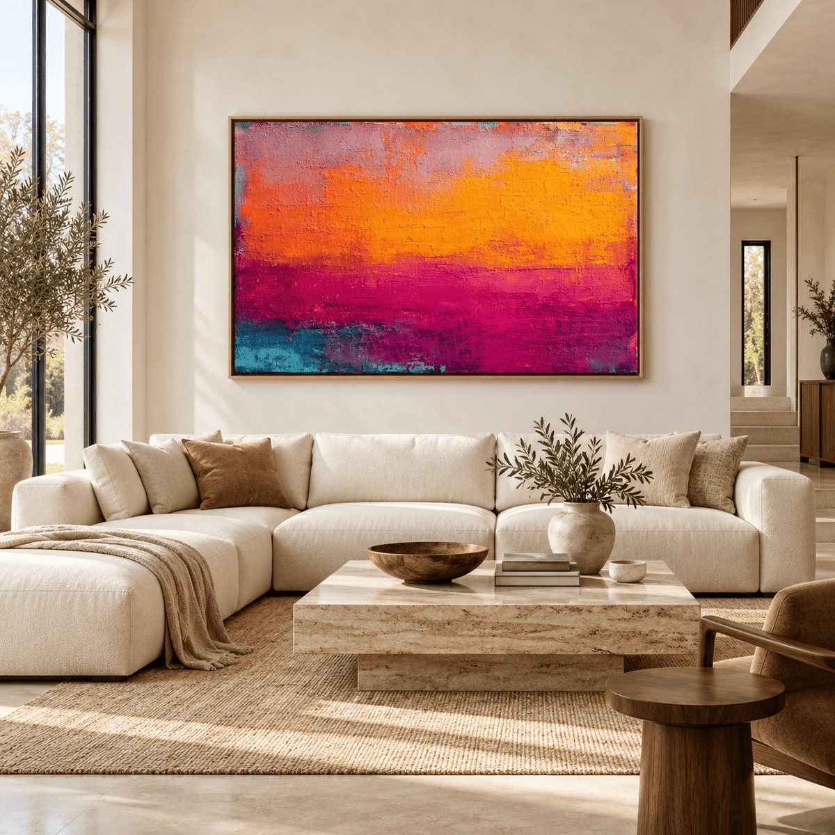 Sunset Abstract Painting Original – Ember Horizon above a cream sofa by Rossetti Art
