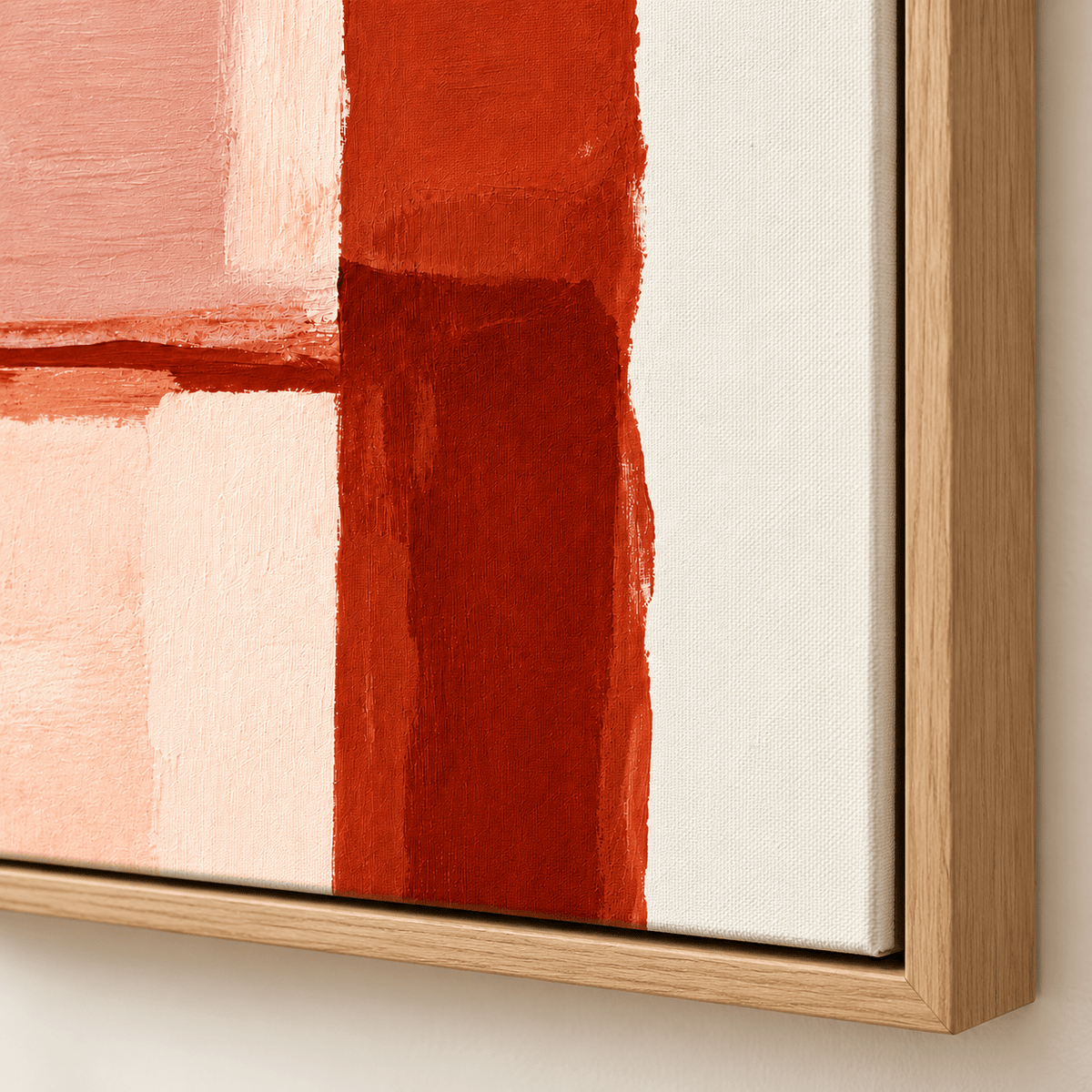 Terracotta Painting Original – Clay Meridian by Rossetti Art, close-up of the oak floater frame corner and brushwork