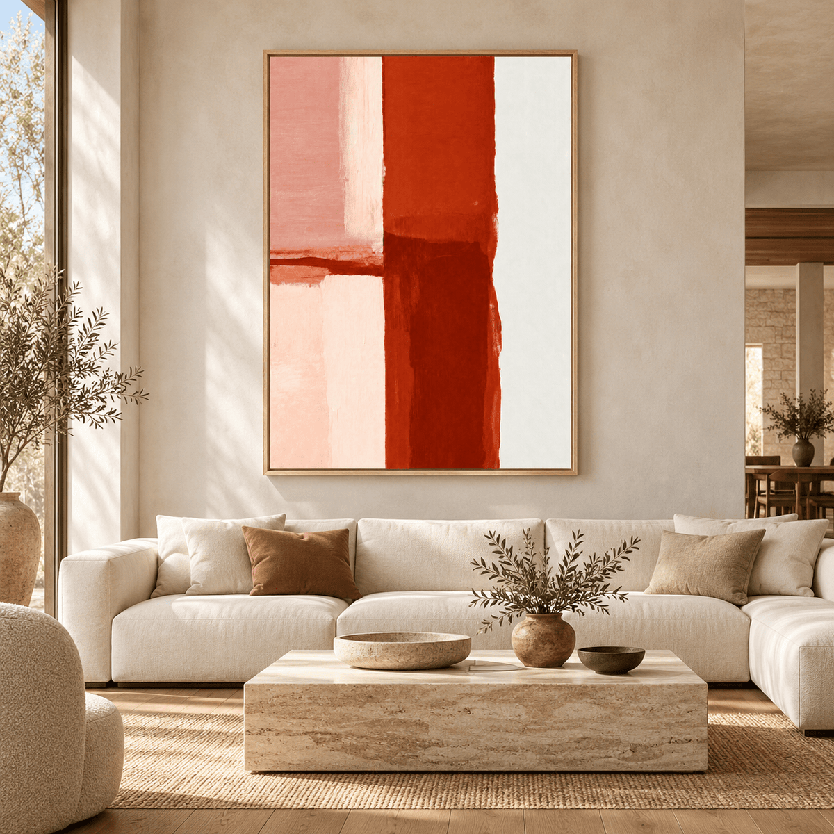 Terracotta Painting Original – Clay Meridian by Rossetti Art above an ivory sofa in a living room