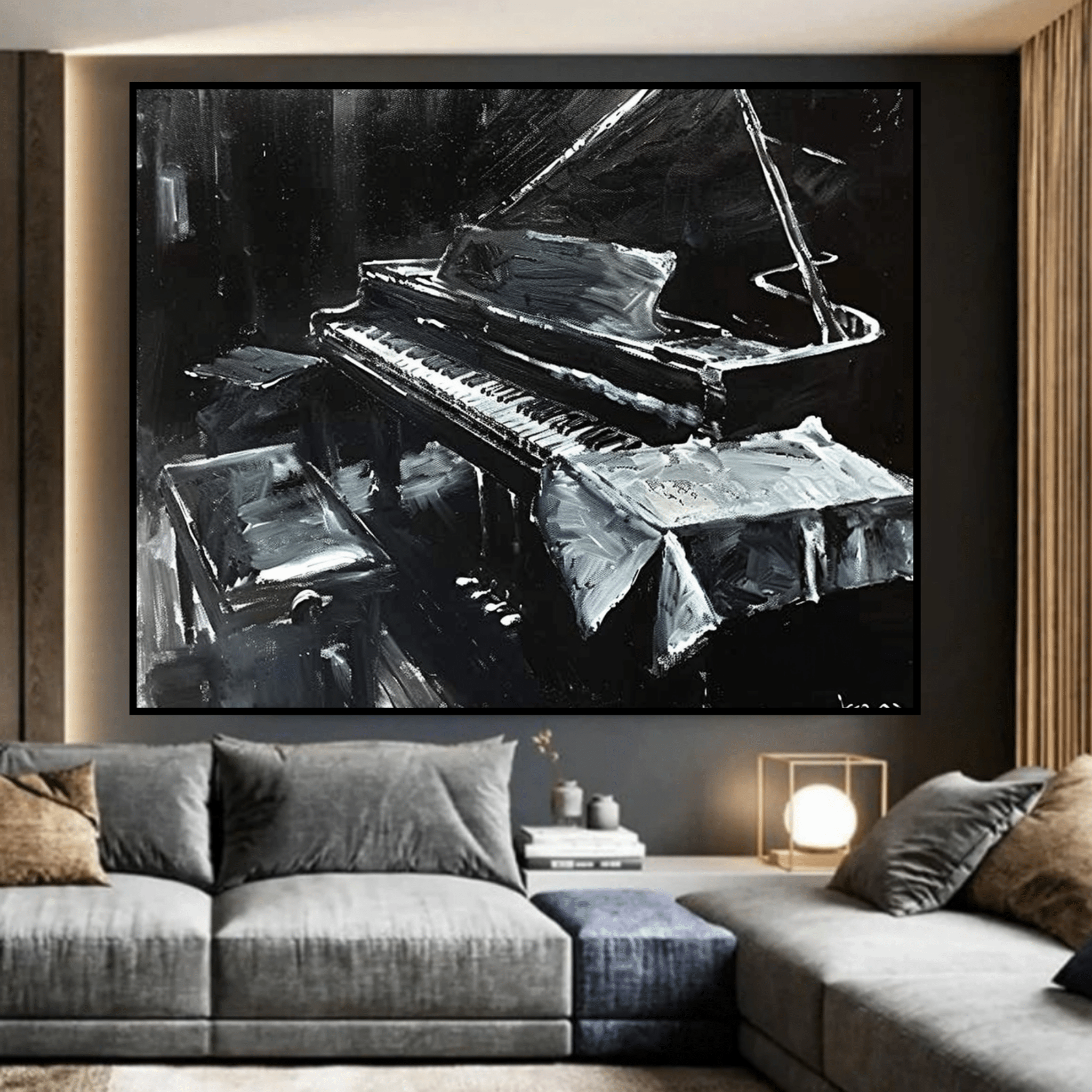 Original Painting : The Elegance of Music - Black & White Piano Art modern abstract canvas wall art by Rossetti Art – luxury interior design artwork for living room, bedroom, office – abstract piano painting black and white canvas Handmade Art Canvas