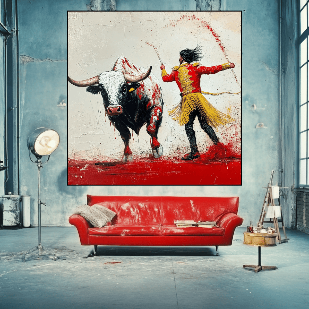 Original Painting : The Final Charge – Bull and Matador Painting modern abstract canvas wall art by Rossetti Art – luxury interior design artwork for living room, bedroom, office – Action Art for Living Room Dramatic Red Textured Painting Modern Gladiator Artwork