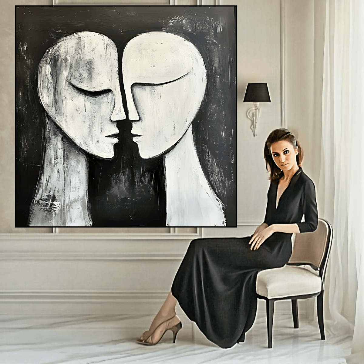 Original Painting : The Unspoken Connection – Abstract Black And White Canvas Art modern abstract canvas wall art by Rossetti Art – luxury interior design artwork for living room, bedroom, office – art for modern interiors Black And White Art Black and white artwork