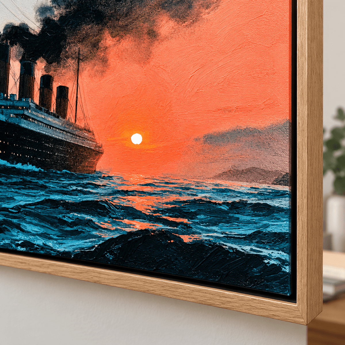 Titanic Painting Original – Final Crossing by Rossetti Art, frame corner with coral sunset waves