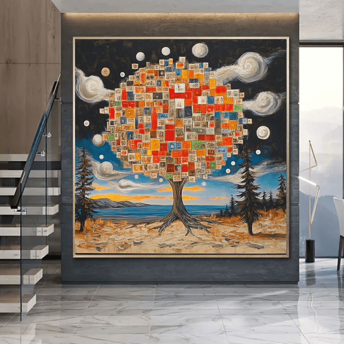 Original Painting : "Tree of Memories" modern abstract canvas wall art by Rossetti Art – luxury interior design artwork for living room, bedroom, office – abstract wall art art for modern interiors artistic home decor