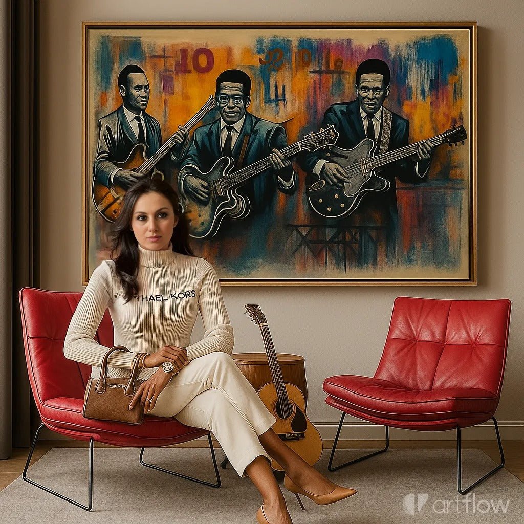Original Painting : Trio in Tune – African American Musicians modern abstract canvas wall art by Rossetti Art – luxury interior design artwork for living room, bedroom, office – African american art African wall art blues musician painting