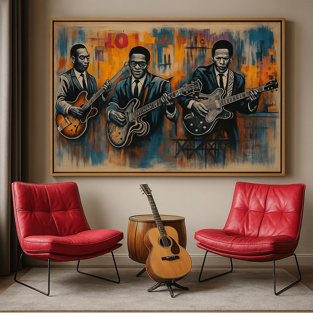 Original Painting : Trio in Tune – African American Musicians modern abstract canvas wall art by Rossetti Art – luxury interior design artwork for living room, bedroom, office – African american art African wall art blues musician painting