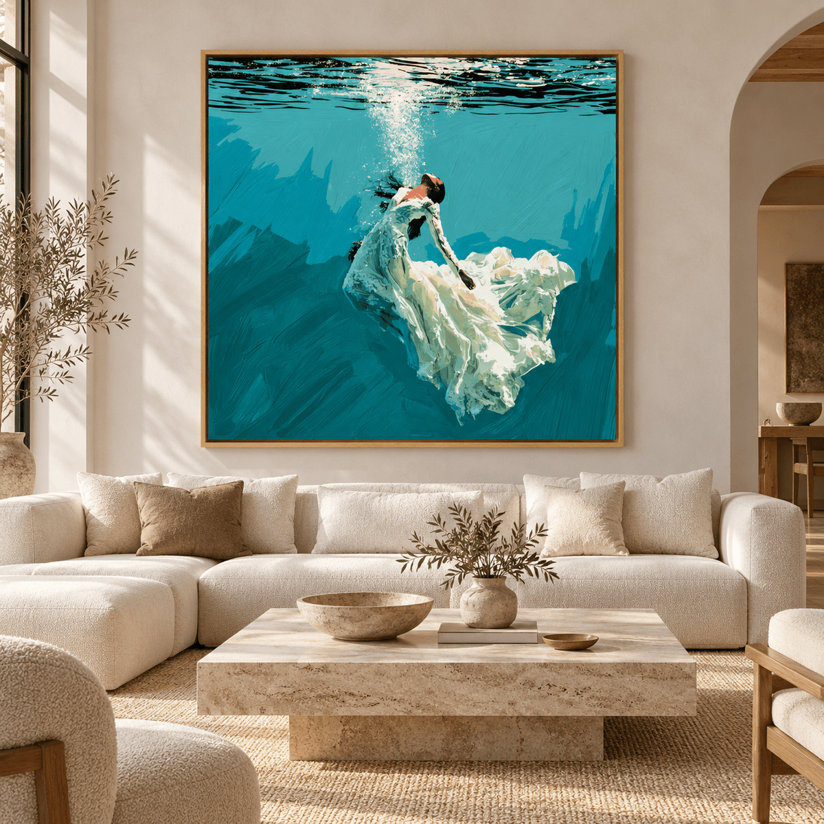 Underwater Painting Original – Weightless Hour by Rossetti Art above a cream sofa in a luxe living room