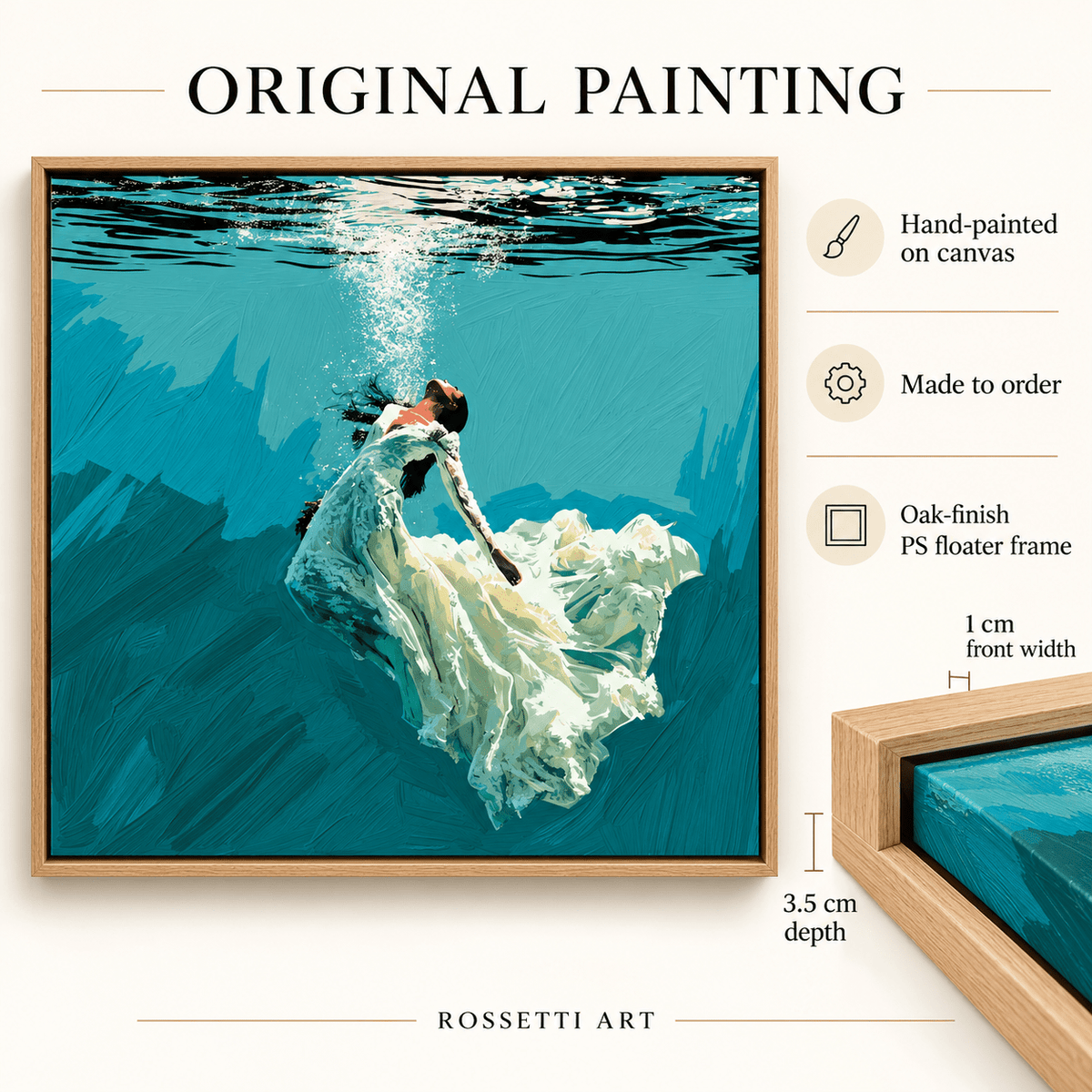 Underwater Painting Original – Weightless Hour by Rossetti Art, original painting details: made to order, floater frame 3.5 cm deep