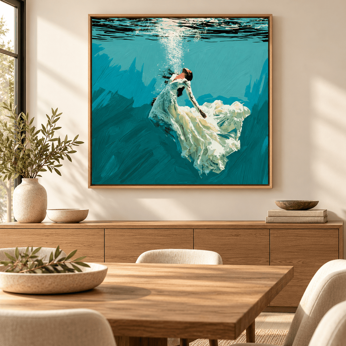 Underwater Painting Original – Weightless Hour by Rossetti Art above a wooden sideboard in a dining room