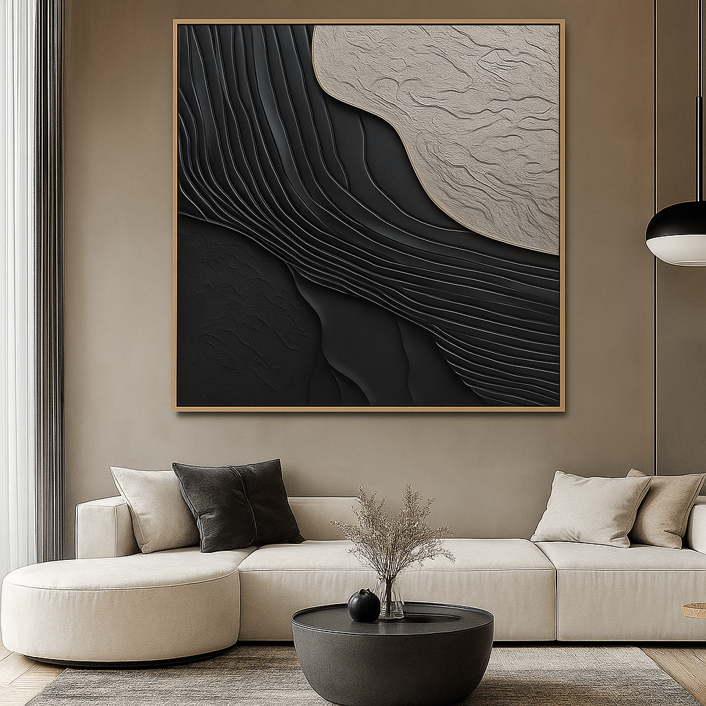 Original Painting : Wabi - Sabi Black & Gray Original Painting – Minimalist Textured Abstract Wall Art for Luxury Modern Interiors by Chiara Rossetti modern abstract canvas wall art by Rossetti Art – luxury interior design artwork for living room, bedroom, office – artistic wall decor bold colorful wall decor brown abstract painting
