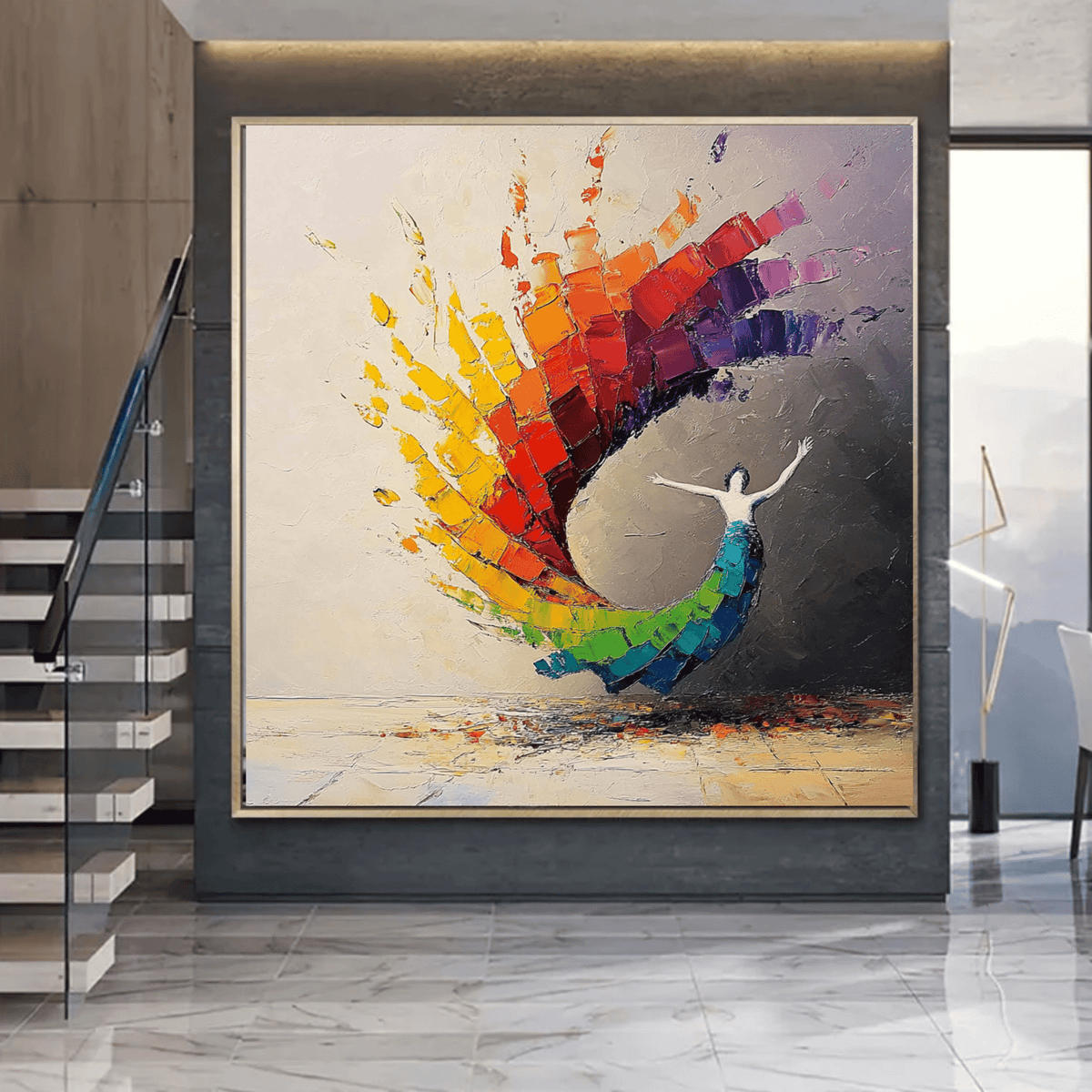 Original Painting : "Whirlwind of Colors" modern abstract canvas wall art by Rossetti Art – luxury interior design artwork for living room, bedroom, office – abstract dancer painting artistic freedom painting artistic rainbow art