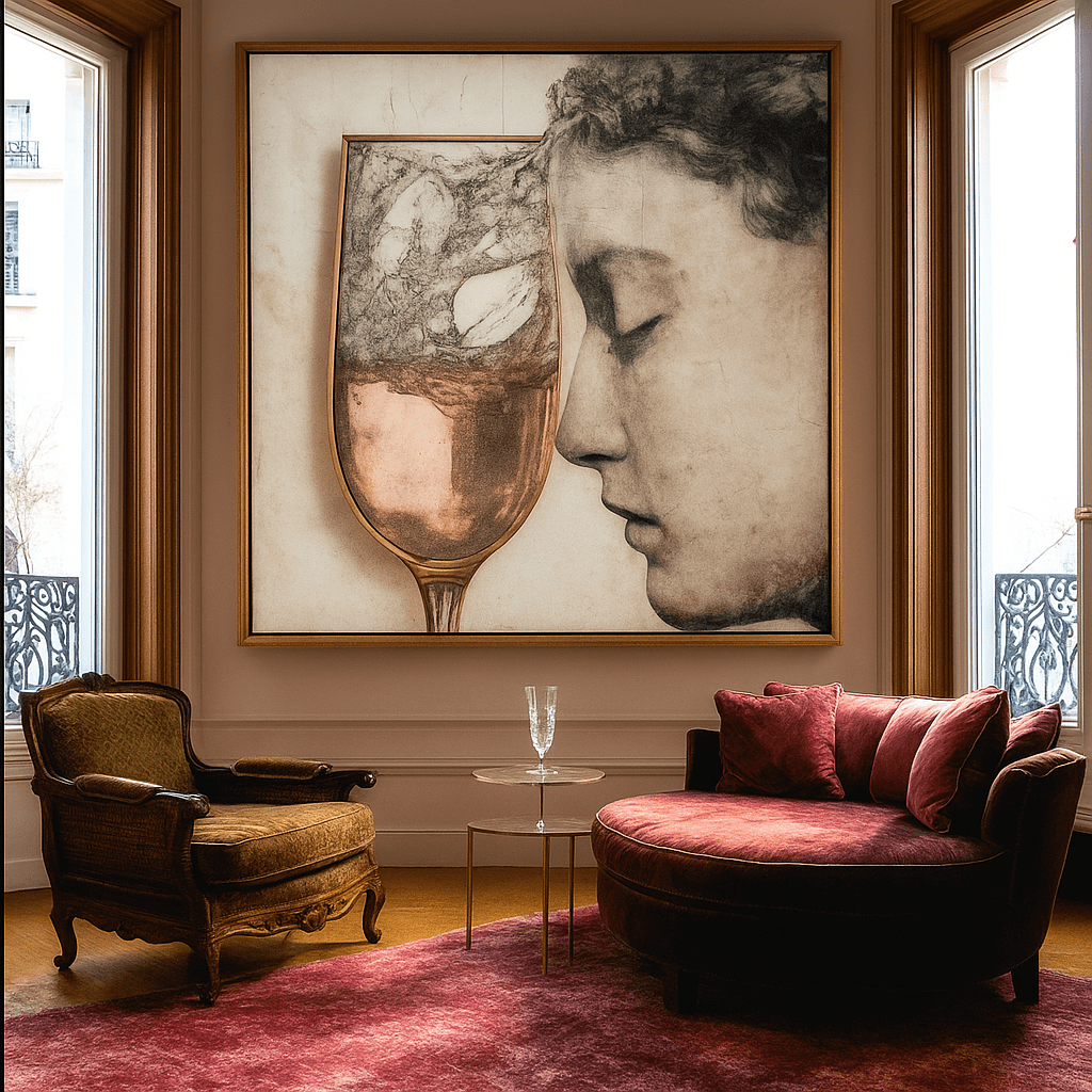 Original Painting : Wine Reverie – Romantic Abstract Painting modern abstract canvas wall art by Rossetti Art – luxury interior design artwork for living room, bedroom, office – abstract woman art emotional artwork Interior Design Artwork