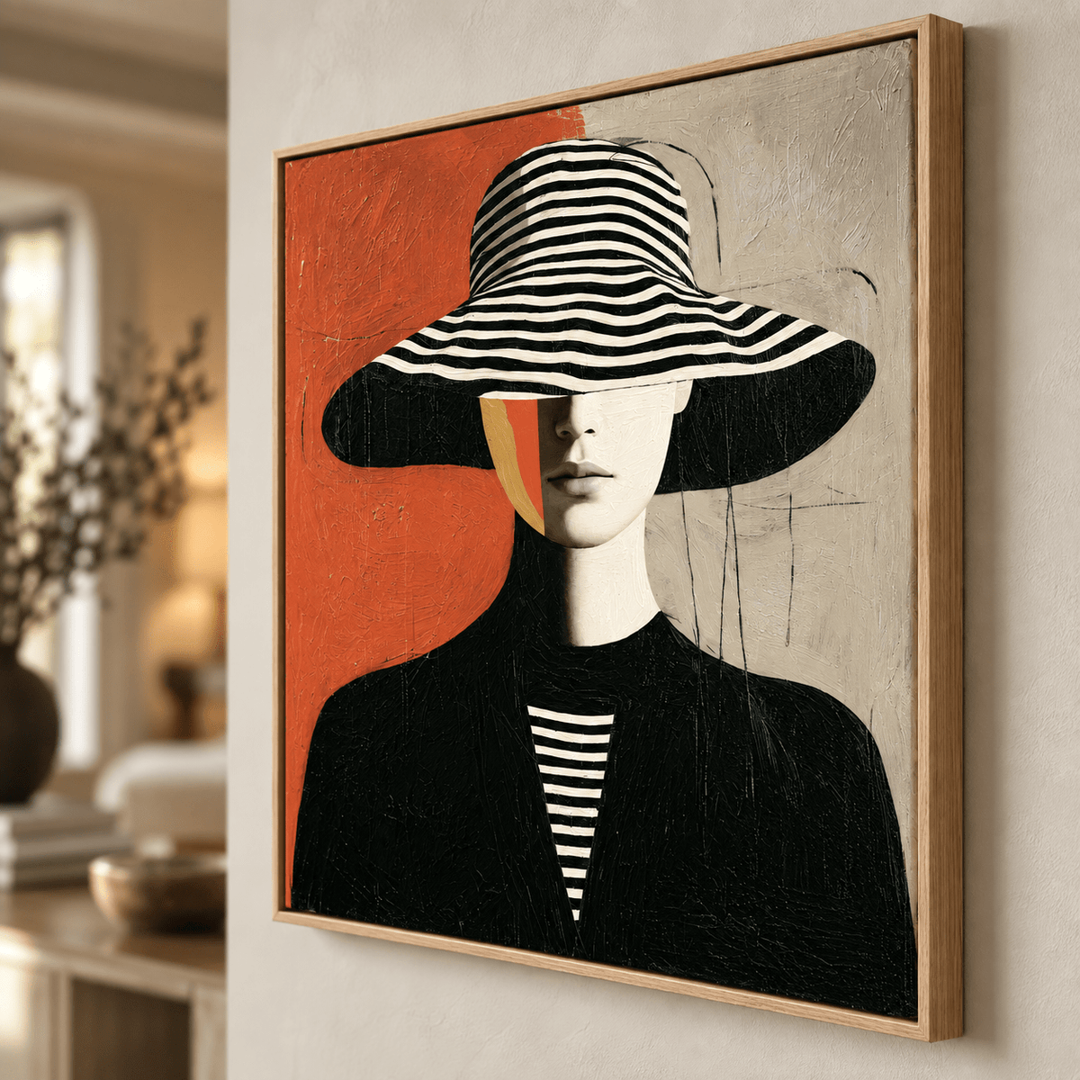 Close-up of woman with hat painting in a wood floater frame – Striped Brim by Rossetti Art