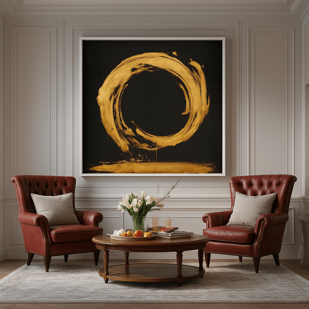 Original Painting : Zen Eclipse – Gold Circle Minimalist Canvas Painting modern abstract canvas wall art by Rossetti Art – luxury interior design artwork for living room, bedroom, office – 3D abstract wall painting gold and black home decor Interior Design Artwork