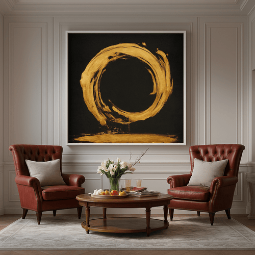 Original Painting : Zen Eclipse – Gold Circle Minimalist Canvas Painting modern abstract canvas wall art by Rossetti Art – luxury interior design artwork for living room, bedroom, office – 3D abstract wall painting gold and black home decor Interior Design Artwork