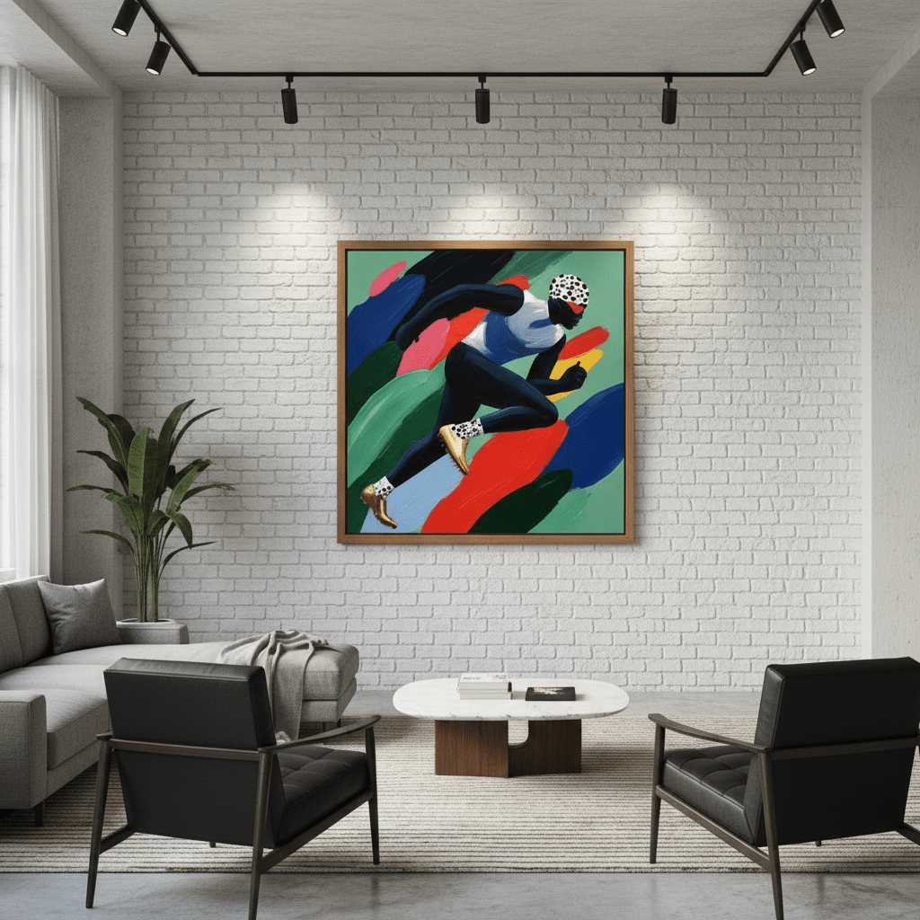 Colorful abstract painting of a runner with dynamic movement