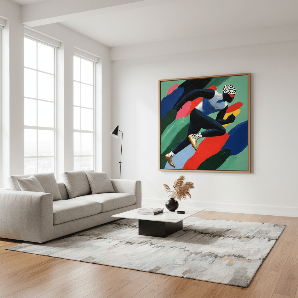 Colorful abstract painting of a runner with dynamic movement