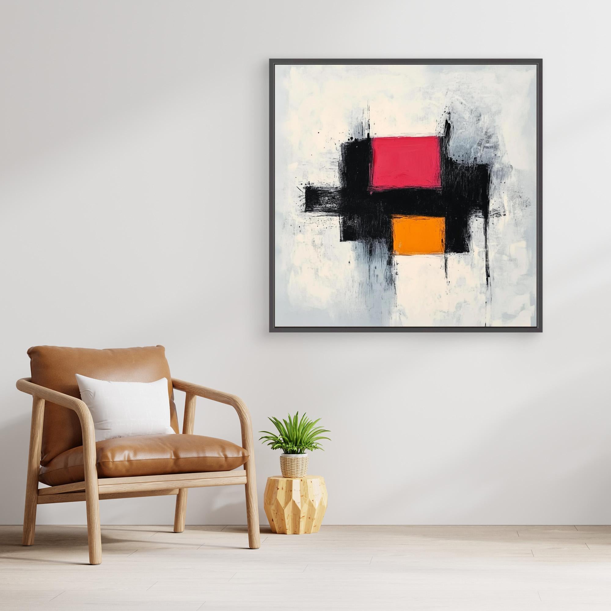 Dynamic Contrast - Print Wall Art - Abstract Wall Art With Pink And Orange Blocks, Modern Minimalist Canvas Print, Black And White Textured Painting For Contemporary Decor