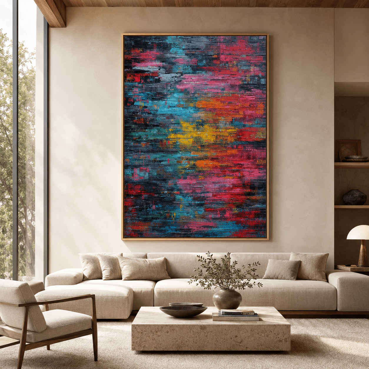 Palette Knife Painting – Electric Bloom vibrant abstract art above a beige sectional sofa in a bright modern living room